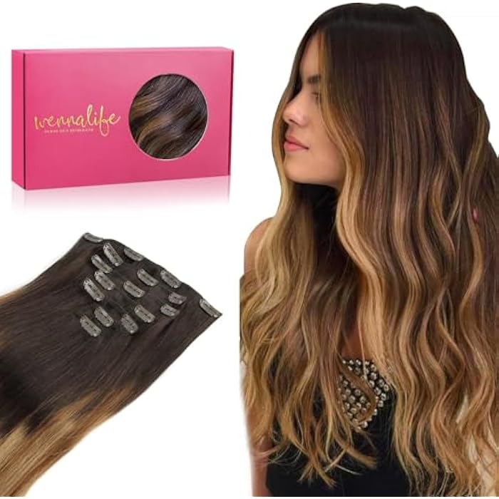 ECIF 14 120g 7pcs Clip in Human Hair Extensions Light Brown - Image 1